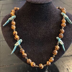 Wood Parrot Bird Fetish Bead Necklace Turquoise Brown​​​